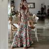2025 New Summer Women's V-neck Printed Long Dress Elegant Vacation Swing Style