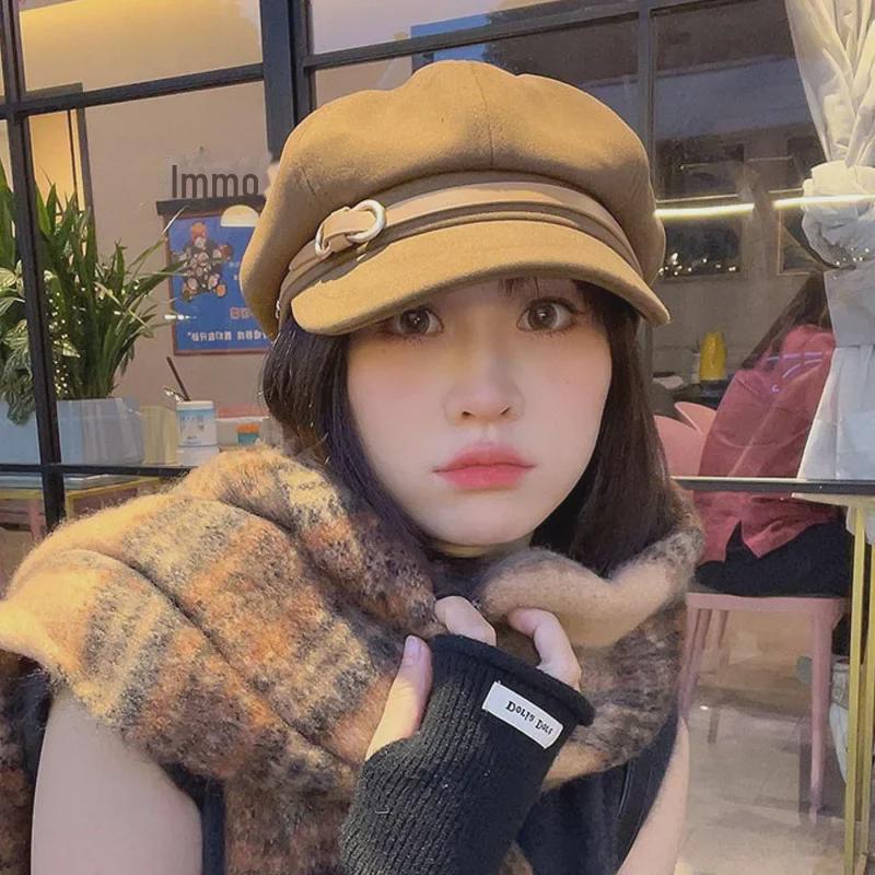 2024 Autumn/Winter Women’s Retro Octagonal Newsboy Hat with Belt Buckle - Japanese Style Face-Framing Duckbill Cap.