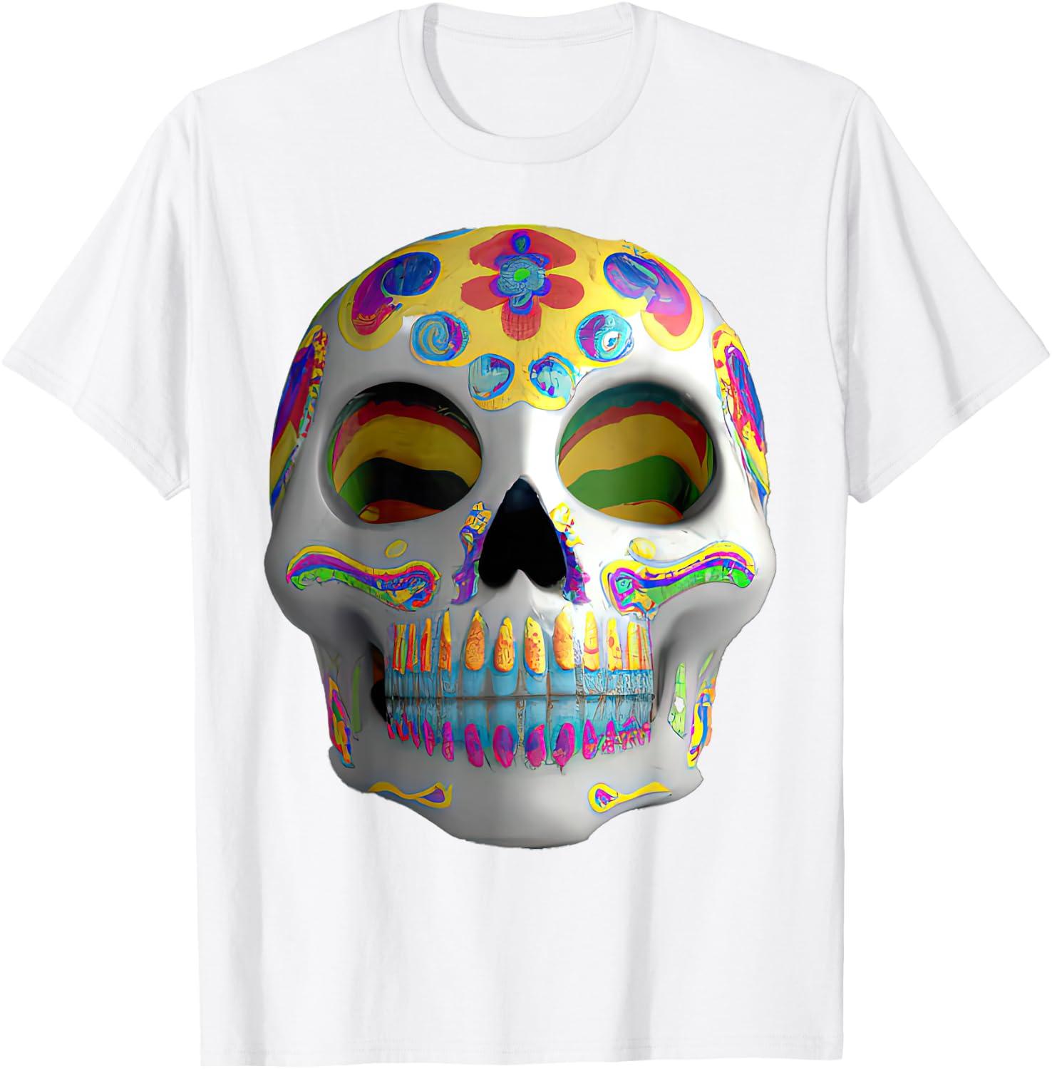 Sugar Skull Colorful Painted Sugar Skull Dia De Los Muertos T-Shirt S