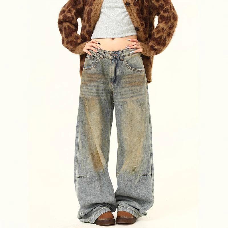Retro Washed Distressed Wide Leg Jeans: Unisex Casual Straight Fit