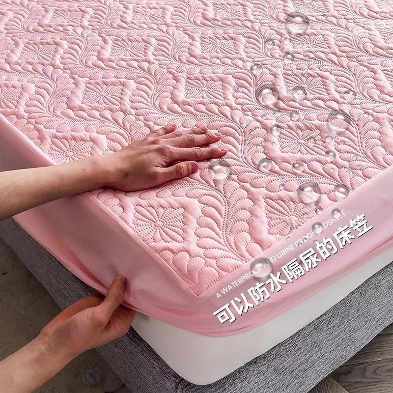Waterproof Solid Color Embossed Mattress Cover Thicken Fitted Sheet Bed Cover for Bedroom Hotel Soft Pad for Bed