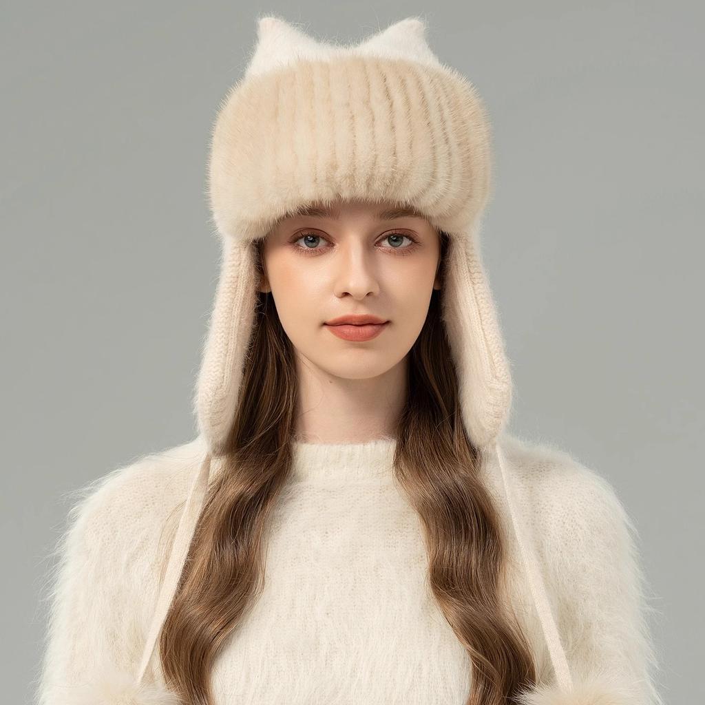 Winter New Mink Hair Lei Feng Hat Korean Version Cute Fox Hairball Casual Face Small Warm Ear Protection Fur Hat