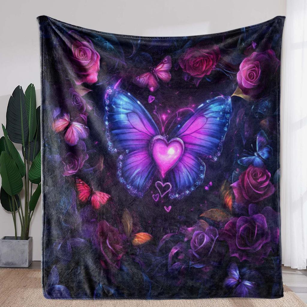 1pc Enchanting Love Heart & Purple Butterfly Print Flannel Blanket - Soft, Warm, and Cozy for Sofa, Bed, Car, Office, Camping, a