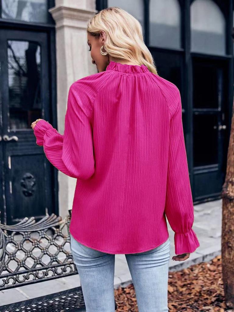 2024 Spring/Summer Women's Solid Color Commuter Loose Long Sleeve Shirt with Ruffled Collar