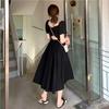Black square neck French style backless fashion dress summer new fat MM waist thin hollow dress