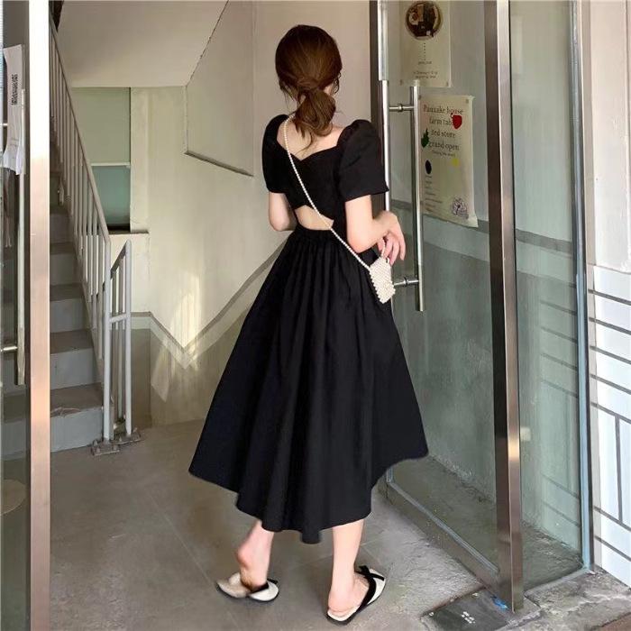 Black square neck French style backless fashion dress summer new fat MM waist thin hollow dress