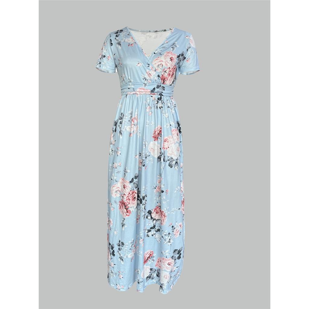 Women's Short-sleeved V-neck Wrap Belt Pocket Printed Elegant Long Dress