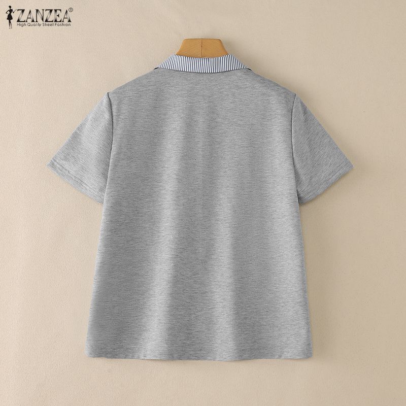 ZANZEA Women Stripe Splice Turn Down Collar Short Sleeve Blouse