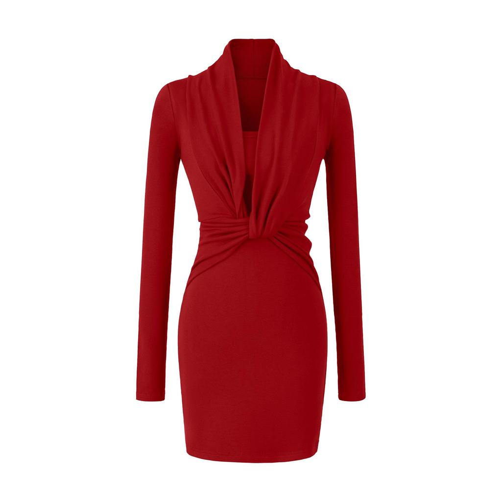 Elegant Women's Black V-Neck Long-Sleeved Slim-Fit Dress, Waist-Cinching and Hip-Hugging, Perfect for Autumn and Winter.