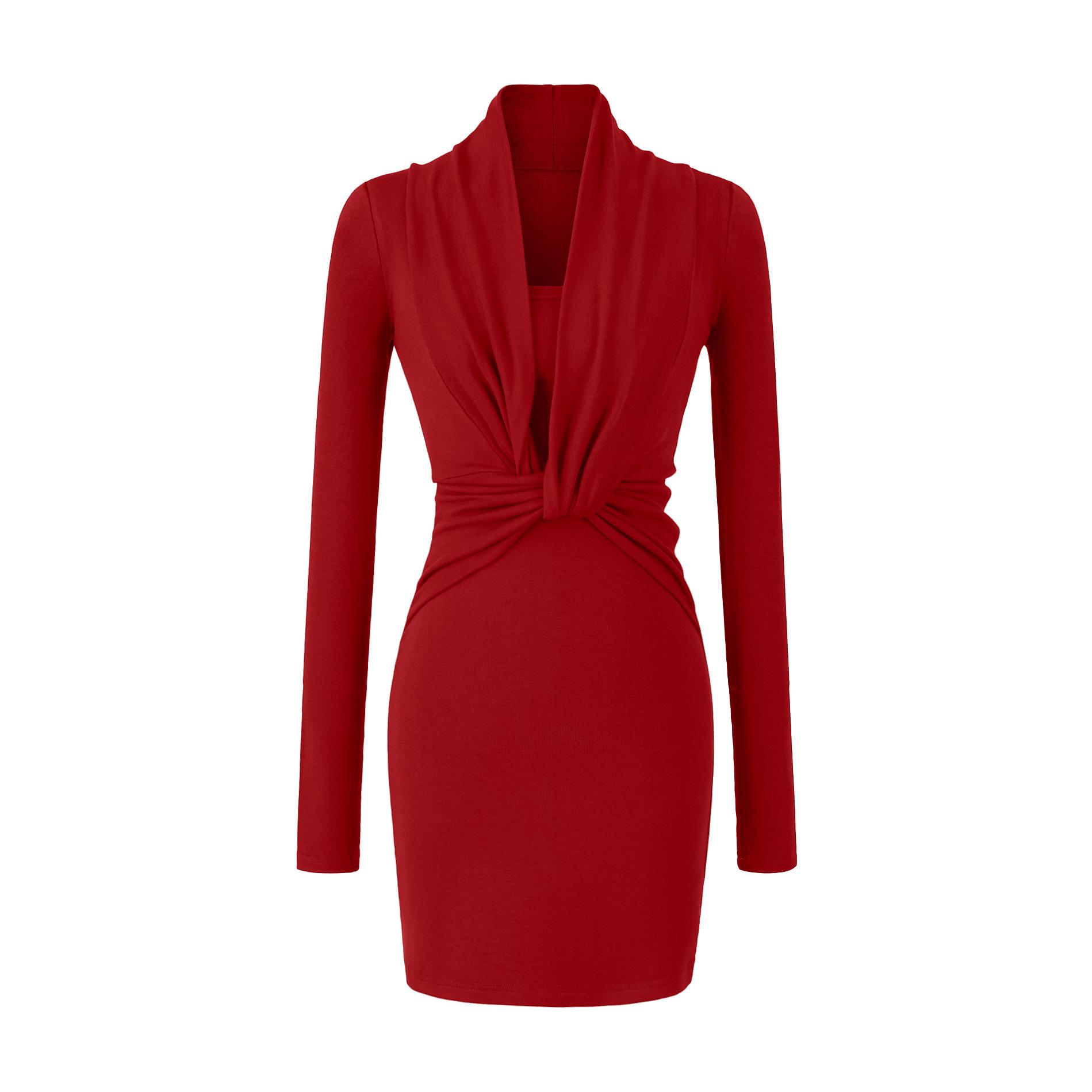 

Elegant Women s Black V-Neck Long-Sleeved Slim-Fit Dress, Waist-Cinching and Hip-Hugging, Perfect for Autumn and Winter. Medium