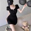 Solid Color Short-sleeved Button Dress Female Pure Desire Style Sexy Slim Figure Spice Girl Hip Skirt Summer