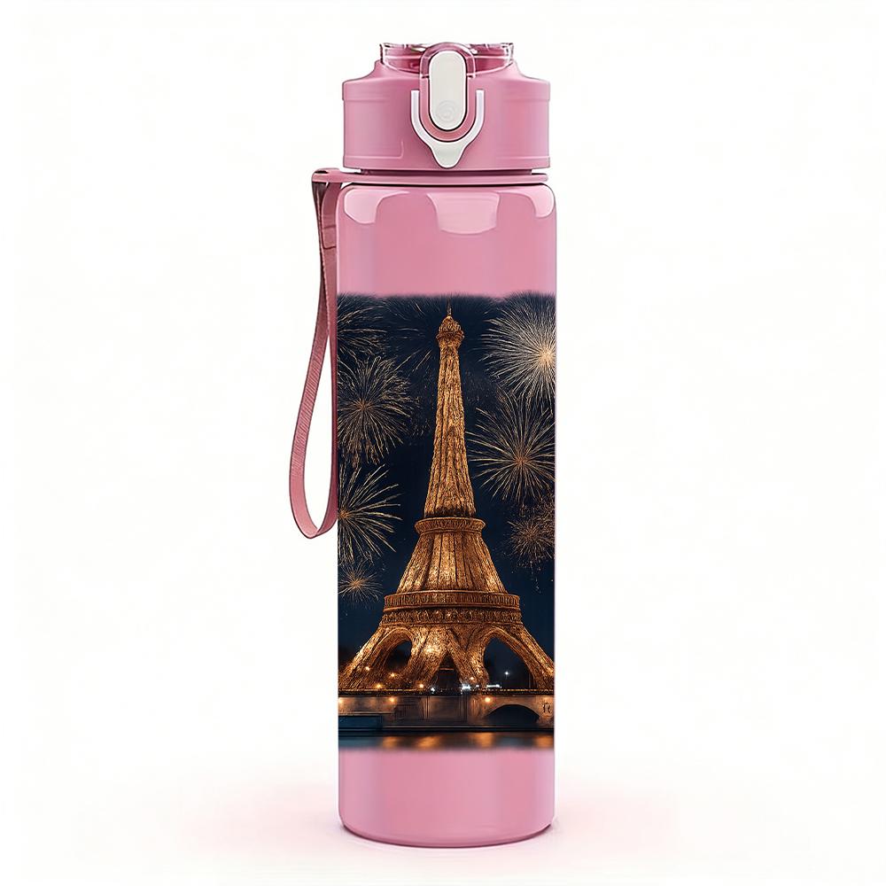 1PC Eiffel Tower Night Scene 750ml Color Plastic Sports Water Bottle Leakproof Flip Straw Lid For Sports Office Home Use