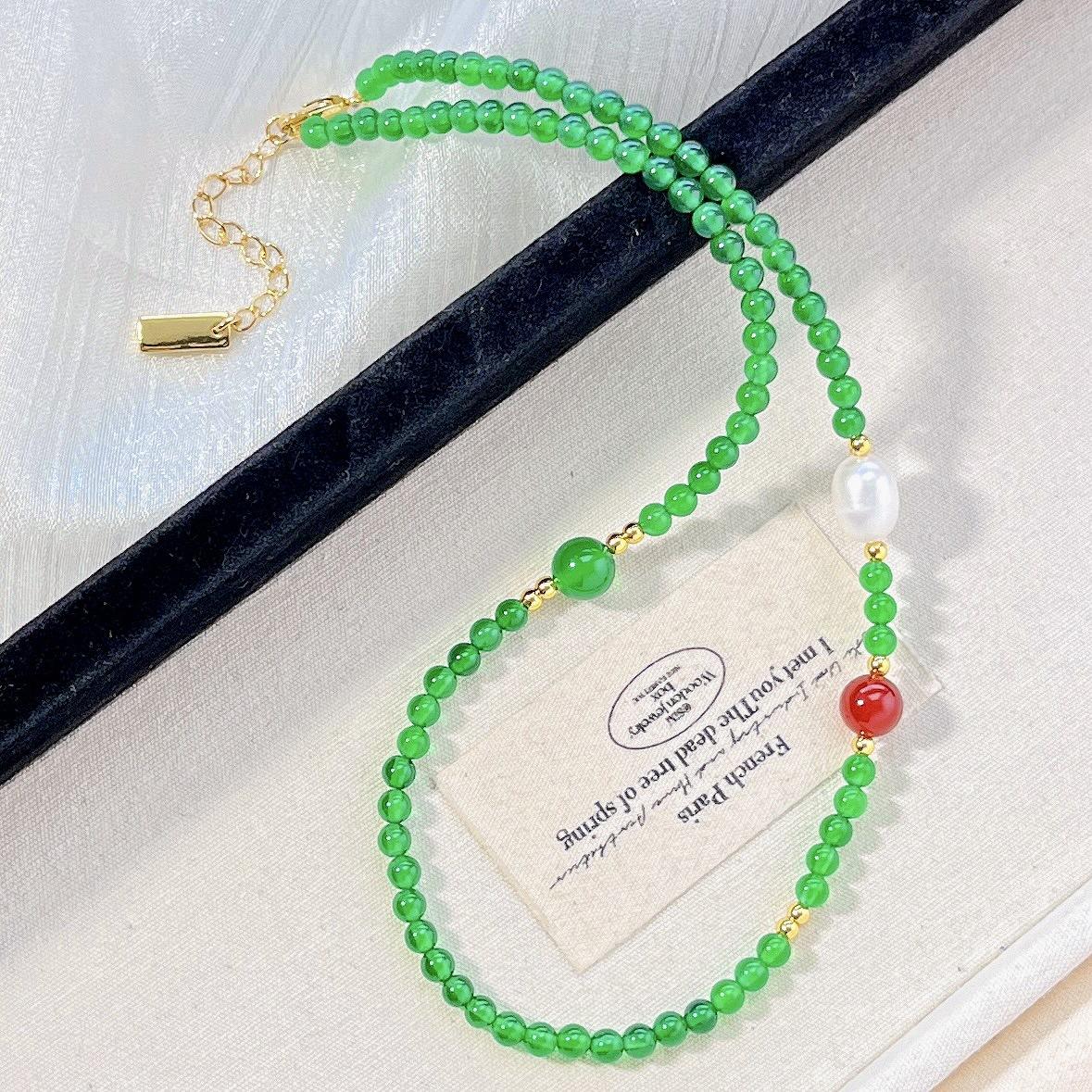 High Quality Natural Ice-Permeable Chalcedony Agate Freshwater Pearl Design Necklace Collarbone Chain