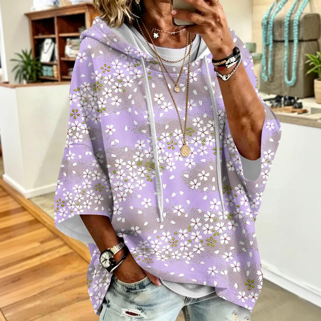 Women's Vintage Floral Print Drawstring Hoodie Loose Fit Casual Sweatshirt Top