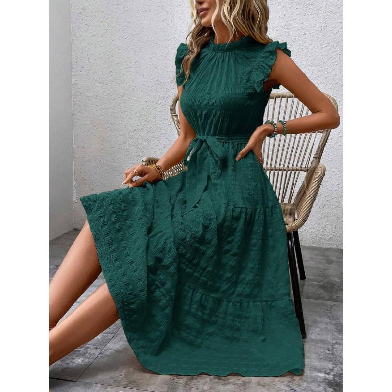 VEZFAA Women's Fashion Summer Spring Solid Color Print Short Sleeve Half Turtleneck High Waist Casual Dresses