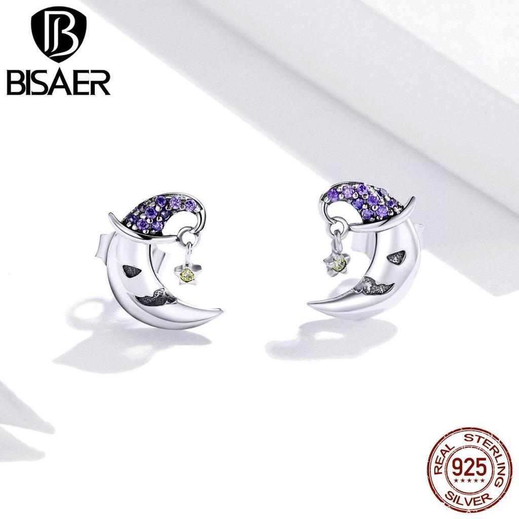 Bisaer Cercei cu știfturi din argint Sterling 925, cu desene animate, Moon Star, violet, neobișnuiți, pentru femei, bijuterii de argint de modă