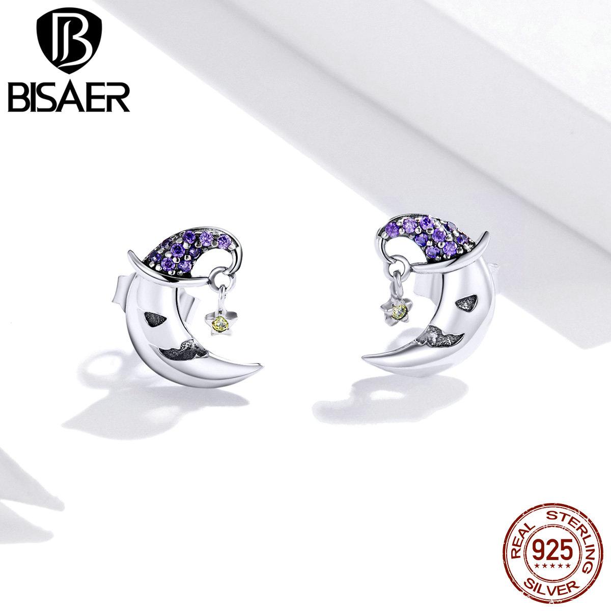 

BISAER настоящие серьги-гвоздики из стерлингового серебра 925 пробы с рисунком Луны и звезд, фиолетовые необычные серьги для женщин, модные серебряные украшения 925 silver