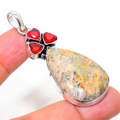 Natural Leopard Skin, Garnet Gemstone 925 Sterling Silver Pendant 2.29" B0m21
