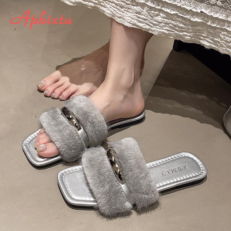 Fashion Aphixta Flat With Furry Women Slippers Outside Modern Slides Shoes Metal Dec Soft White Fur Slippers Fashion Woman Shoes