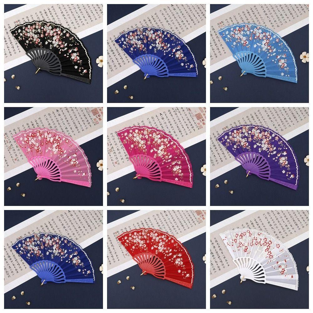 Elegent Chinese Style Plum Blossom Fan Plastic Dance Performance Props Antique Folding Fan Flower Pattern Cloth Dance Fan