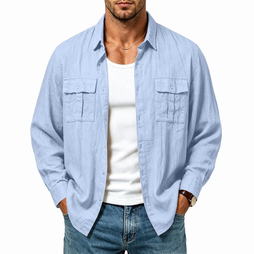 Men’s Linen Multi-Pocket Jacket; Fashionable, Holiday-Style, Relaxed-Fit, Long-Sleeved Shirt with Turn-Down Collar