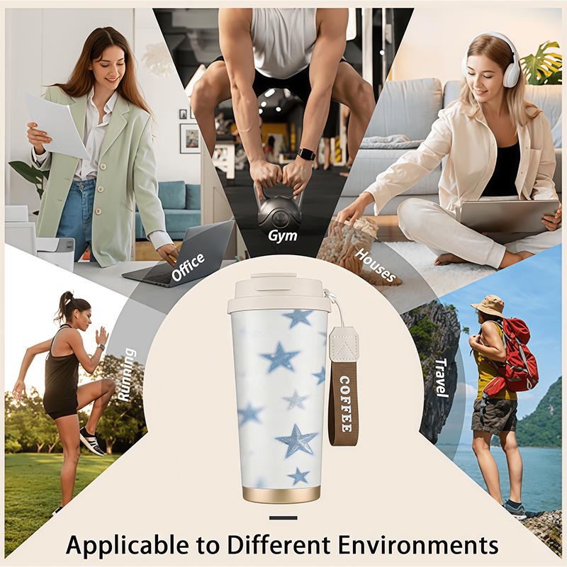 532ml Coffee Mug Glitter Star Motif Commuter Coffee Cup Car Handy Cup Flip Sip Coffee Mug Stainless Steel Coffee Thermos