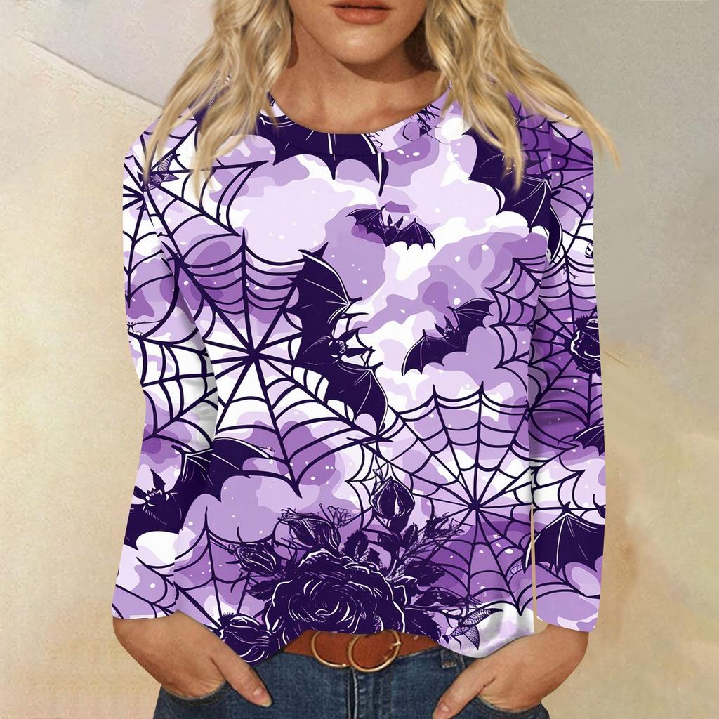 Modisches, lässiges Langarm-Oberteil mit Rundhalsausschnitt und Halloween-Print für Damen