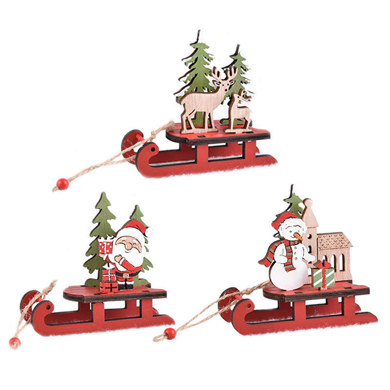 Cute Christmas Sledge Shape Ornaments DIY Wooden Santa Snowman Desktop Decor Holiday Xmas Tree Assembled Wood The Assembly Decoration