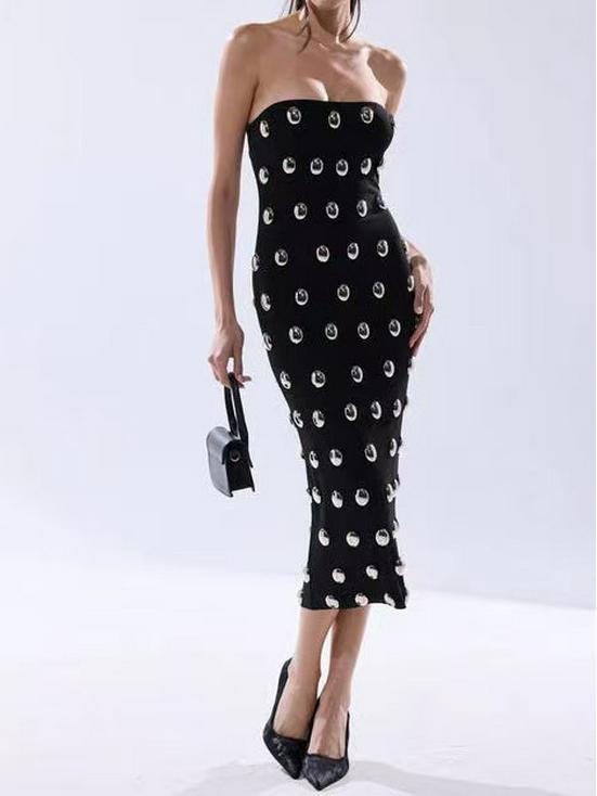 2026 European & American Fashion Strapless Rhinestone Ribbon Dress XXL чёрный