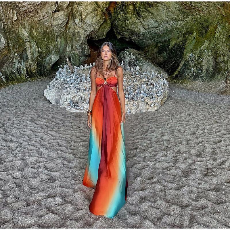 Tie-Dye Farbverlauf Ausgeschnitten Damen Maxi Kleid Elegant Schulterfrei A-Linien Saum Lange Kleider Neu Sommerurlaub Damenroben