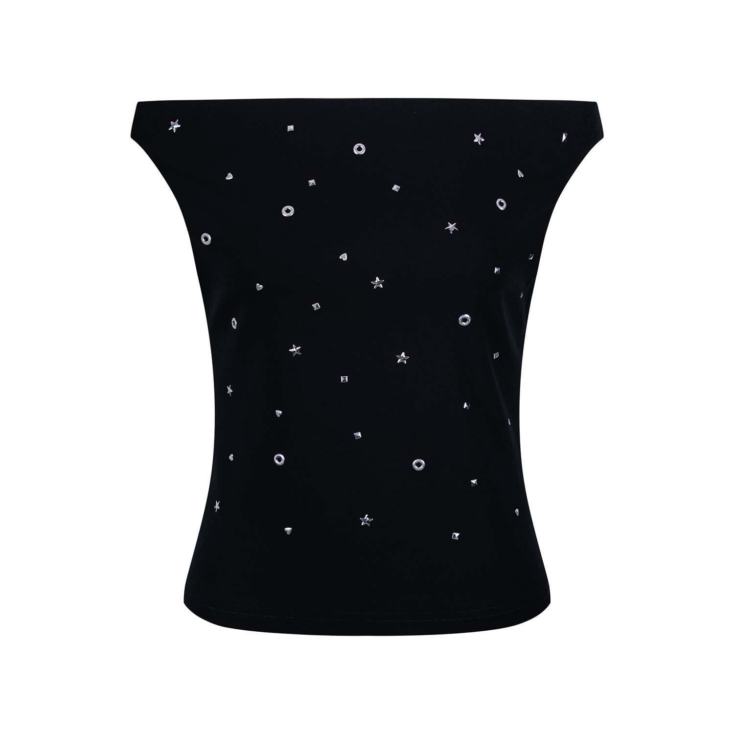 UNBDNS Rhinestone Strapless Women s Camisole: Summer Cotton Wrap Chest Top Large чёрный