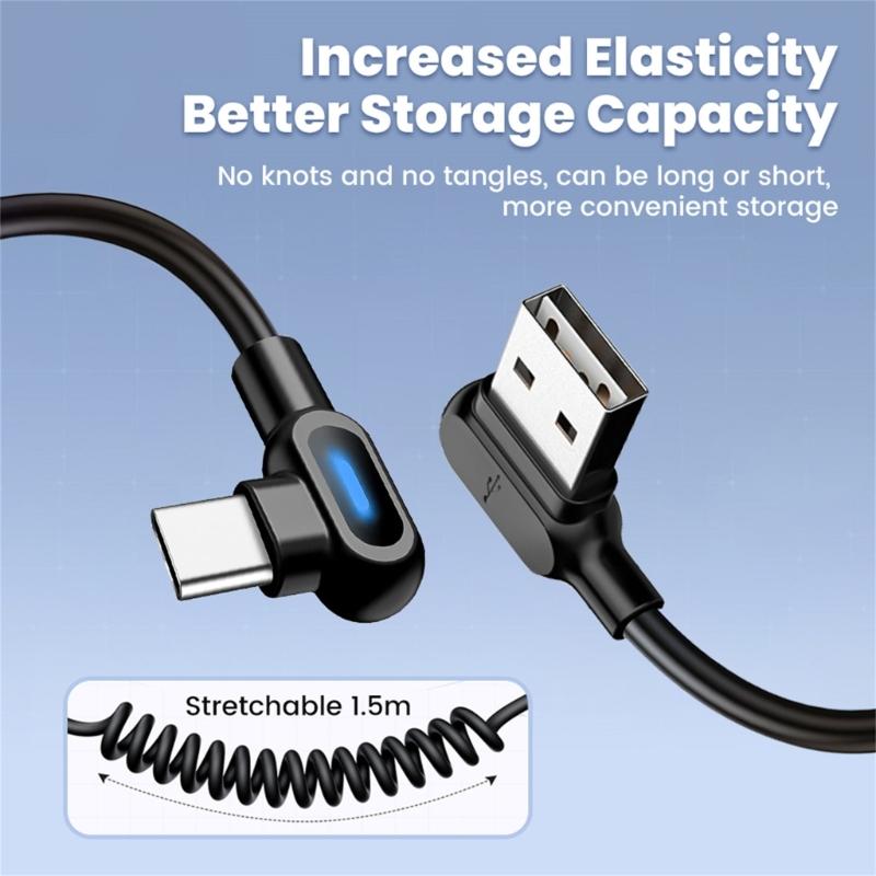 strong  Reversible USB C Charger Cable 6A fast charges  Spring Coiled Design Fast Charging Cable for Tablets Smartphones