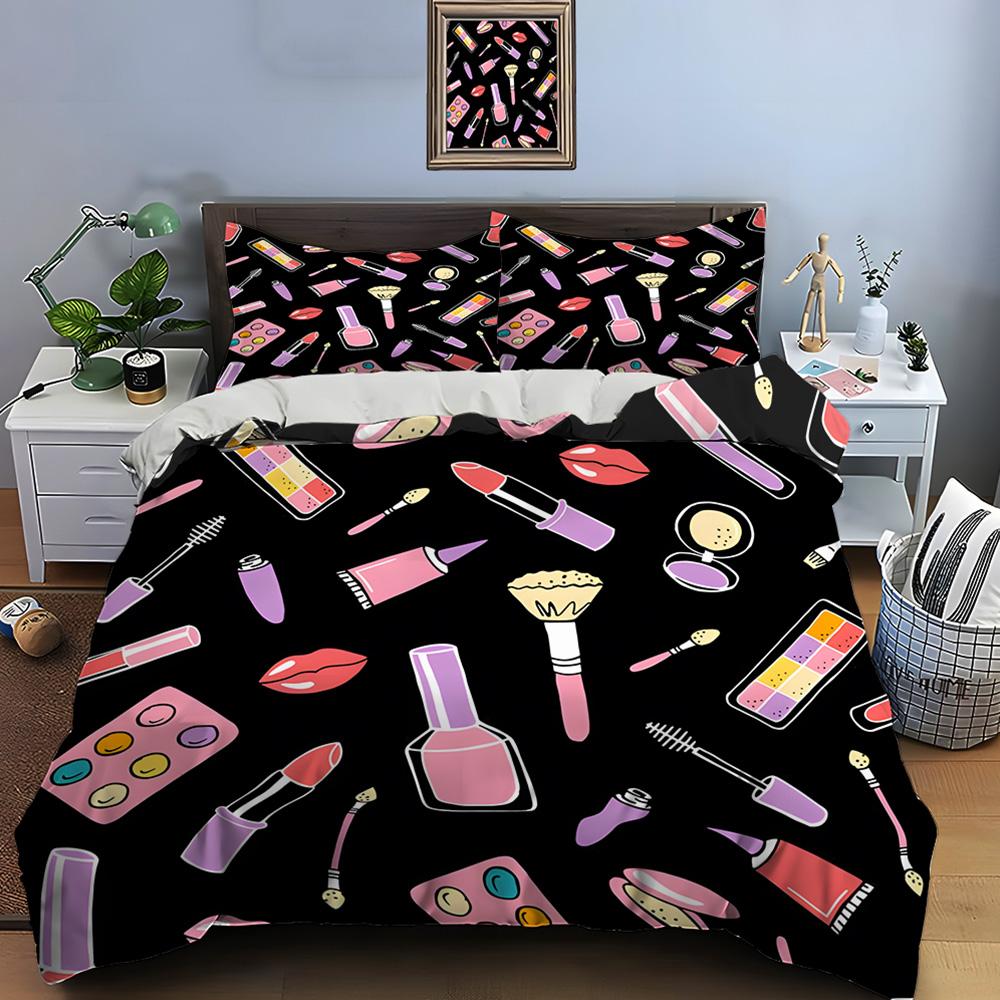 3PC Fashion Make Up Print Bedding Set Duvet Cover 1 Duvet Cover 2 Pillowcases Adult and Children Bedding Set Luxury Girls Gifts