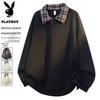 PLAYBOY Men's Oversized Plaid Patchwork Polo Sweatshirt