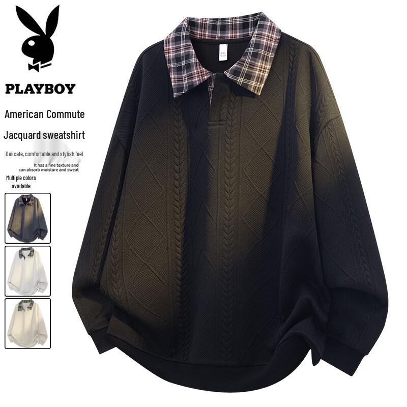 PLAYBOY Men's Oversized Plaid Patchwork Polo Sweatshirt