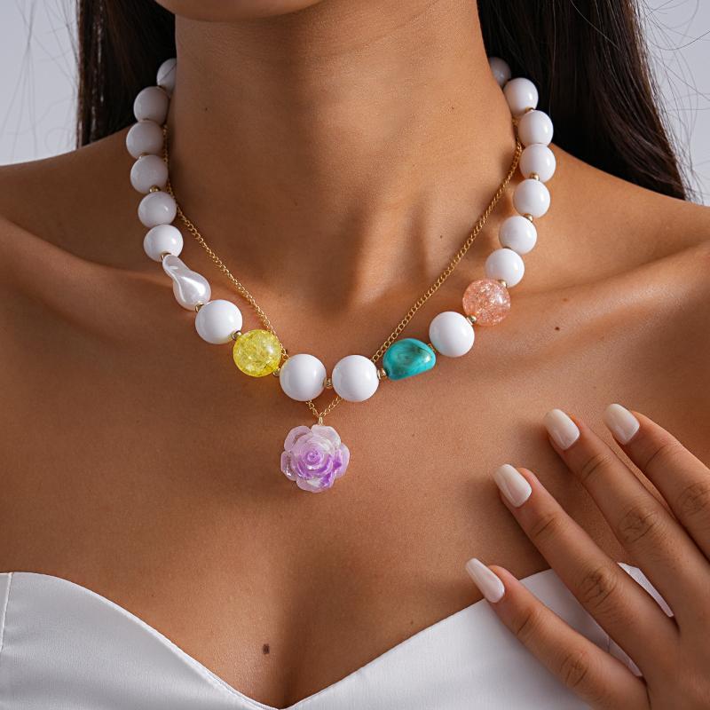 2Pcs/Set Bohemian Colorful Handmade Acrylic Beaded Choker Necklace Clavicle Chain For Women Summer Jewelry Gift