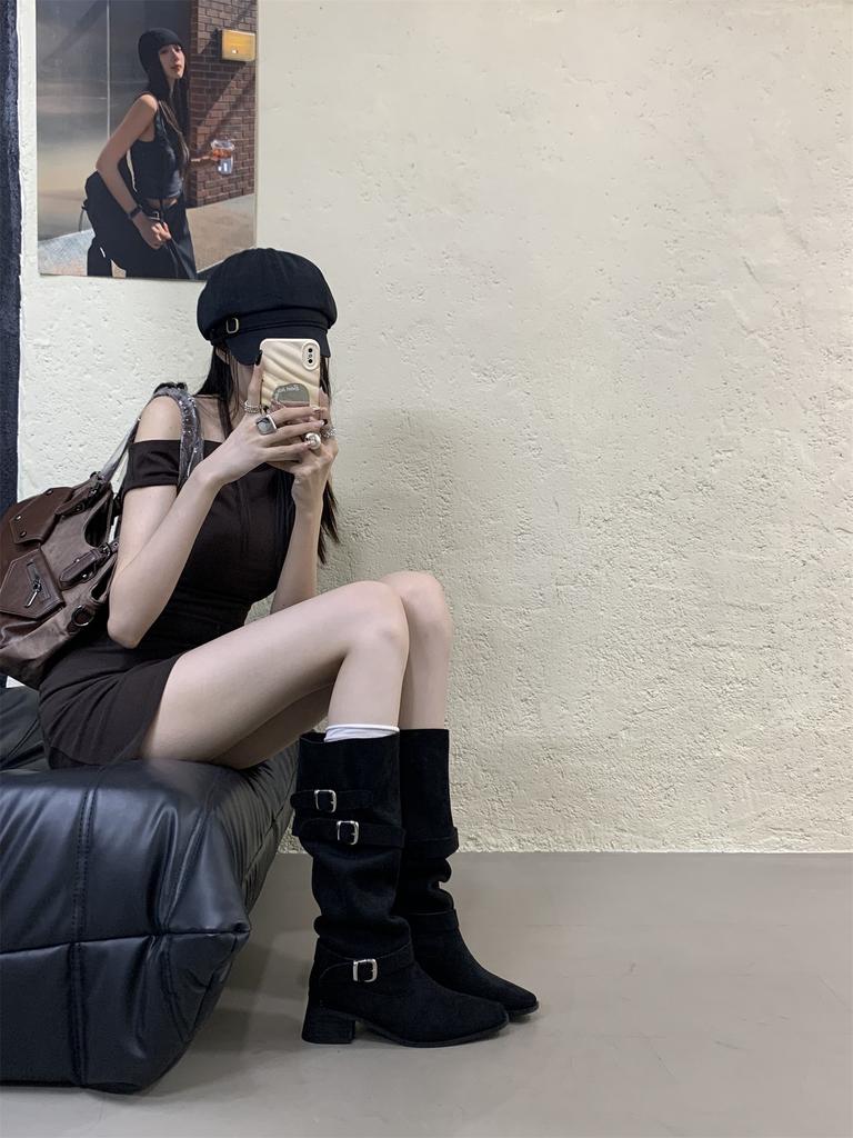 Khaki High Heel Suede Pile Medium Boots Women's Boots 2025 Fall Winter Western Skinny Long Knight Boots