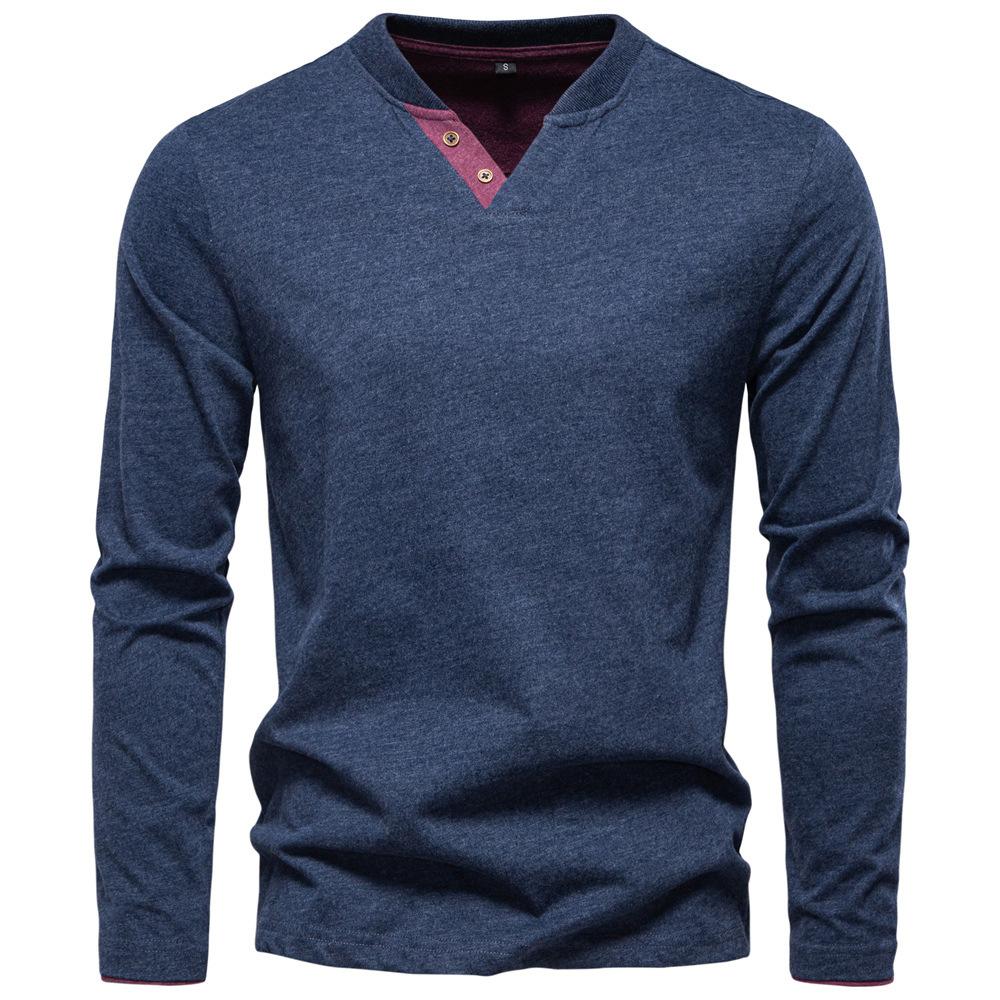 

New Autumn Men S Fashion Solid Color Long-Sleeve V-Neck Casual Cotton T-Shirt EUR S темно-синий