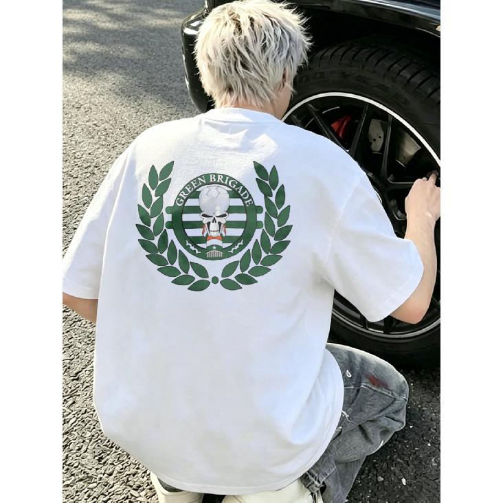 White T Shirt with Green Brigade Skull And Laurel Wreath Print for Casual Wear S белый