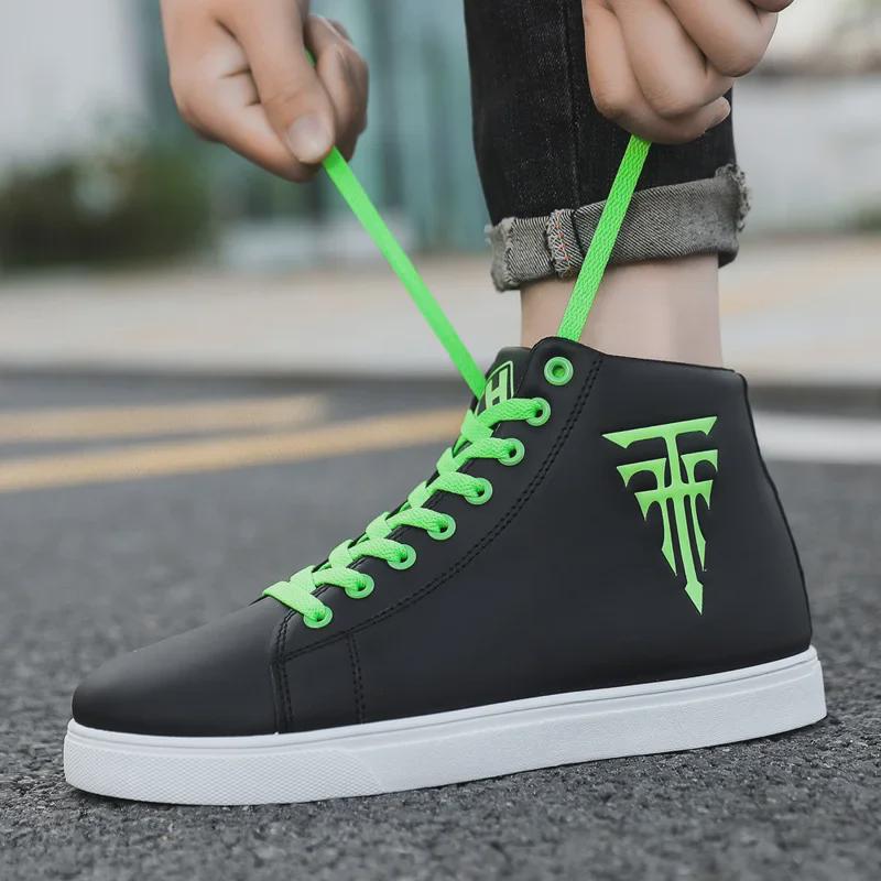 "Men's Large Size High-Top Waterproof Leather Sneakers, Non-Slip, Fashionable White, Size 48, Ideal for Spring and Autumn."