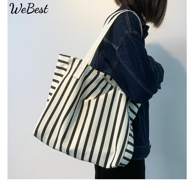 

New Striped Canvas Bag Female Single Shoulder Large Capacity Tote Bag