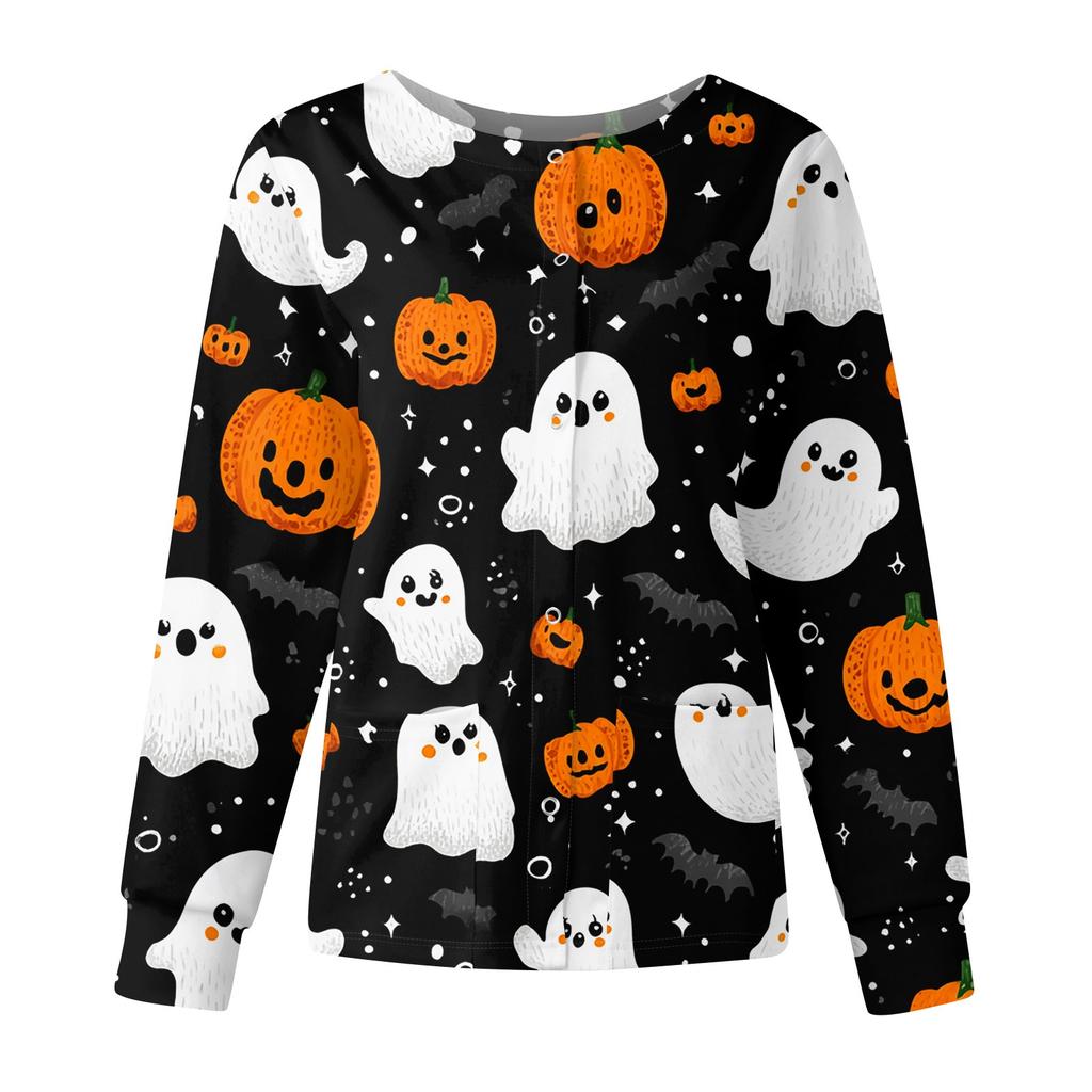 Women's Casual Fashion Long Sleeve Standing Collar Single Breasted Halloween Printed Workwear Jacket Tops