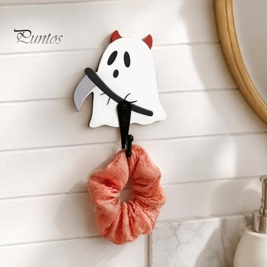 Small Bag Hanger for Bathroom Halloween Themed Wall Hook, Decorative Ghost Pattern Key Hanger, Self Easy Install Adhesive Hook Backing Wood