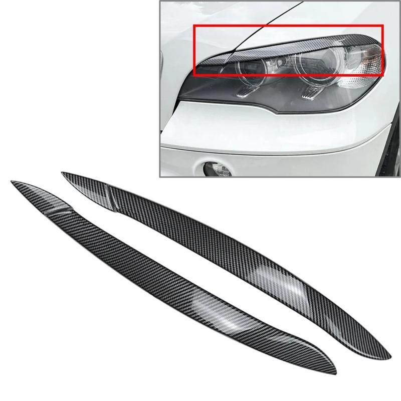 Paire Sourcils de Phare Paupières de Phare Style Maléfique Autocollants Aspect Carbone/Noir Brillant Pour BMW X5 E70 2008-2013