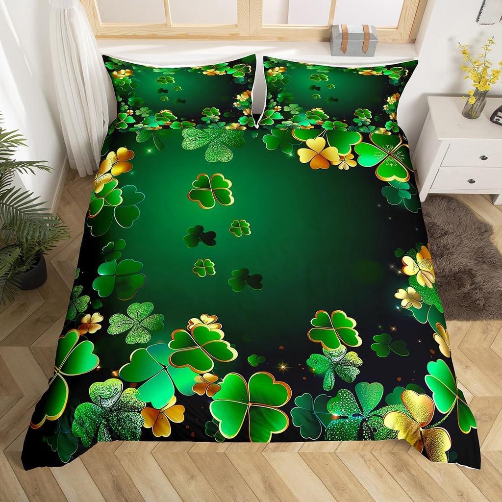 Kids Happy St. Patrick'S Day Duvet Cover Twin Queen Green Clover Comforter Cover With 2 Pillowcases, Colorful Plank Bedding Set