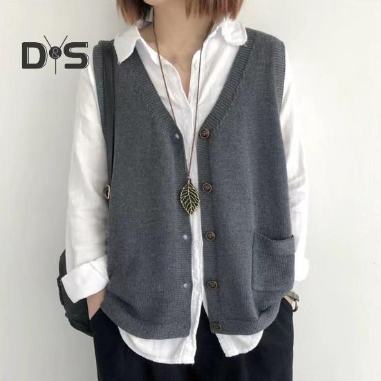Women Knitting Vest V-Neck Sleeveless Single Breasted Warm Waistcoat Solid Color Loose Fit Knitted Tank Tops with Pockets