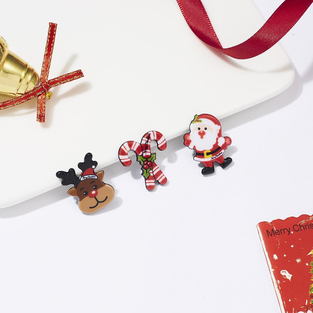 Classic Cute Cartoon Christmas Series Brooches Set for Women 3pcs Snowman Santa Claus Elk Acrylic Pin Party Jewelry Accessories