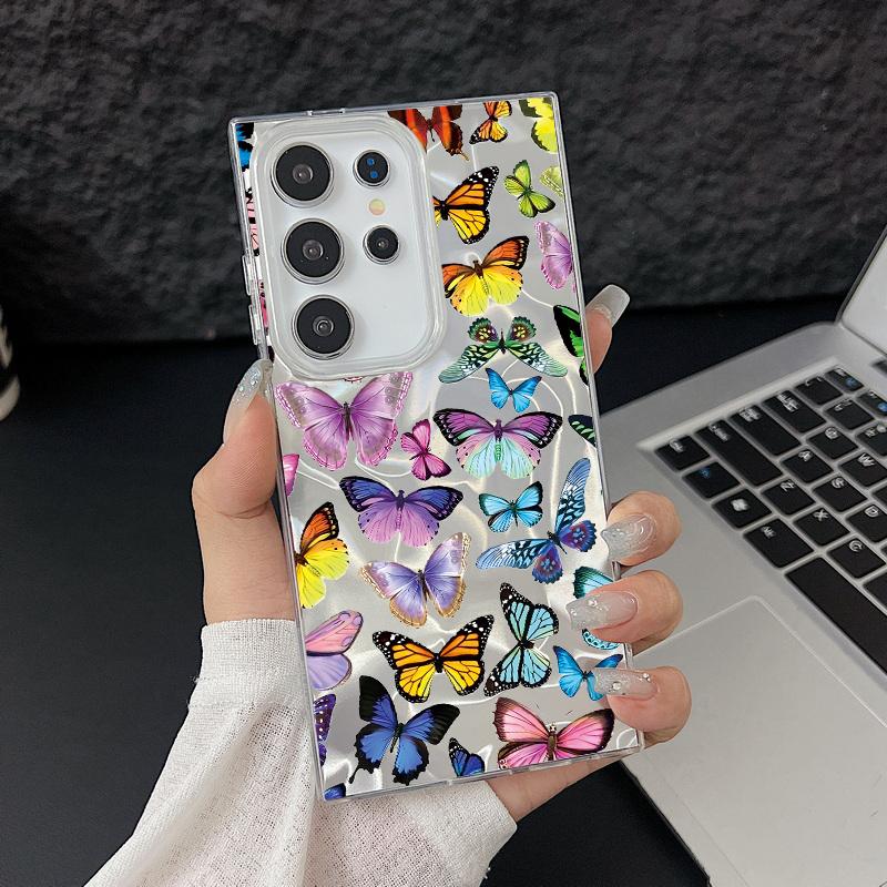 Butterfly Pattern Feather Sparkling Phone Case For Samsung S25 Ultra S24 FE S23 A56 A36 A16 A55 TPU Soft Edge Slim Shockproof Hard PC Bumper Cover