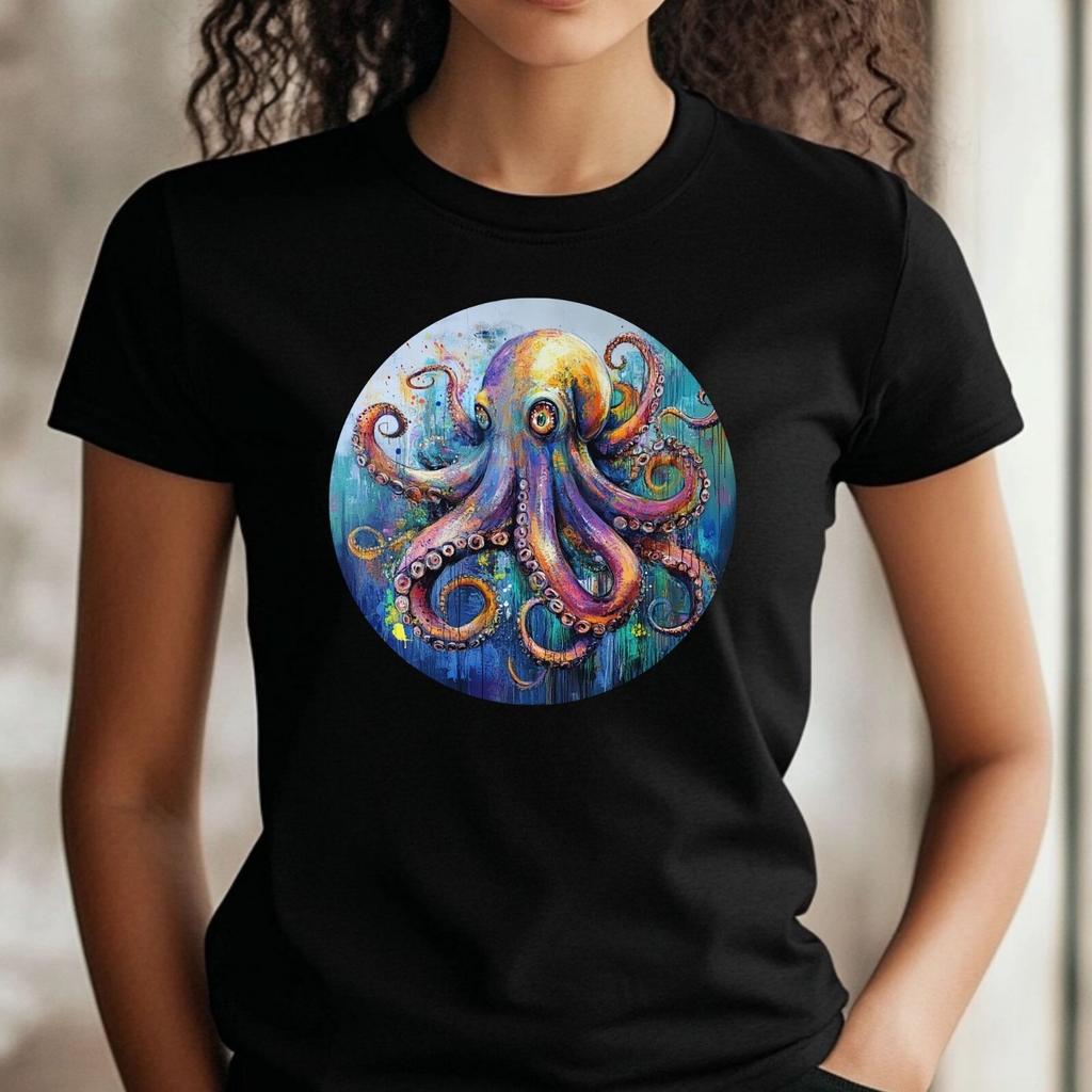 T-Shirt Women Octopus Portrait Motif Cotton Size XS To 3XLWill Open In New Window or Tab