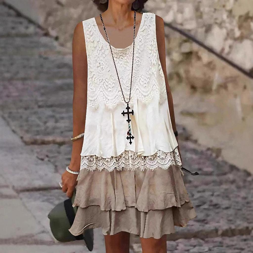 2024 Women's High-End Lace Stitching Sleeveless Holiday Dress